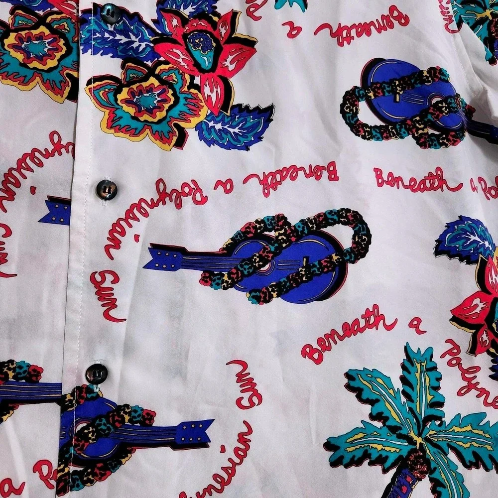 POI Hawaiian Aloha Shirt Mens L White Tropical Floral Palm Camp Button Up‎ Rayon